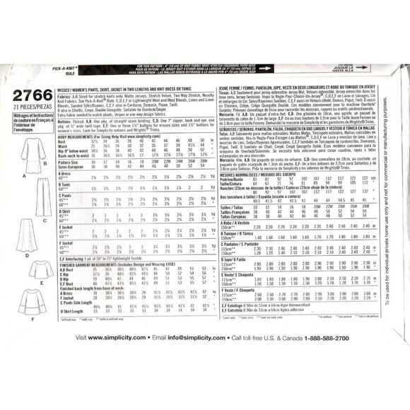 Simplicity 2766 Misses 10 to 18 Jacket, Dress, Pants and Skirt Uncut Pattern - Picture 2 of 2